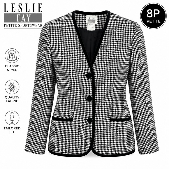 Leslie Fay Jackets & Blazers - Leslie Fay Blazer‎ Womens 8P Black White Houndstooth 90s Vintage Office Tailored